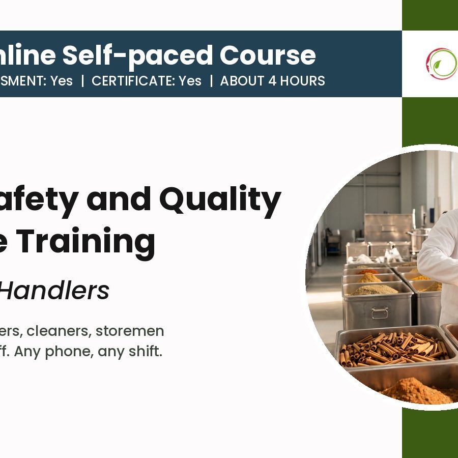 Food handler in a hairnet and gloves scooping spice at a South African food factory, Food Safety and Quality Culture Training for Food Handlers online course by ASC Food handler in a hairnet and gloves scooping spice at a South African food factory, Food Safety and Quality Culture Training for Food Handlers online course by ASC