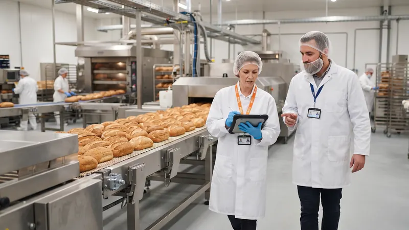 Food safety auditor with a tablet walking a bakery production line with the site technical manager