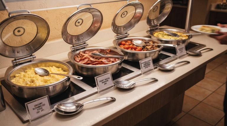 Buffet counter with one serving utensil per dish and dish cards showing allergen information