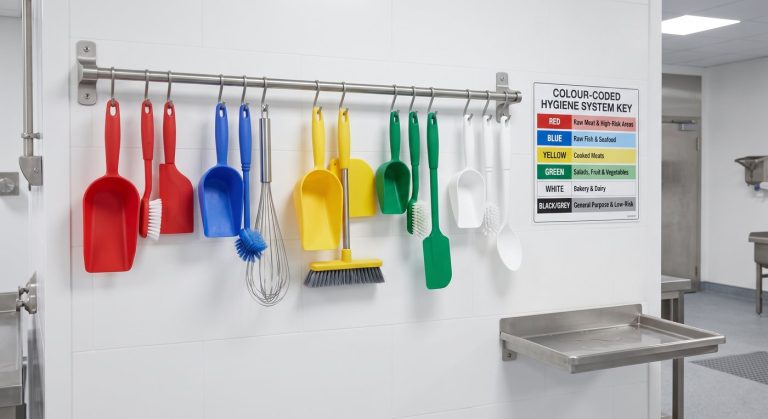 Wall rail of colour-coded scoops, brushes and utensils beside the colour-code key