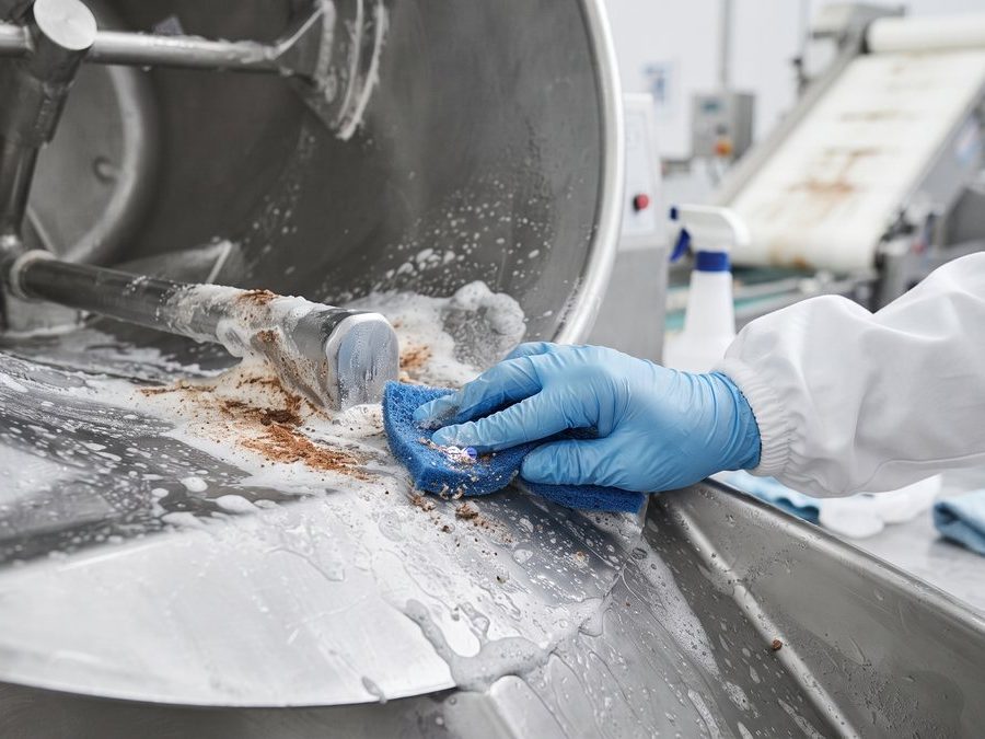 Gloved operator physically removing product residue from a mixer during a validated allergen clean
