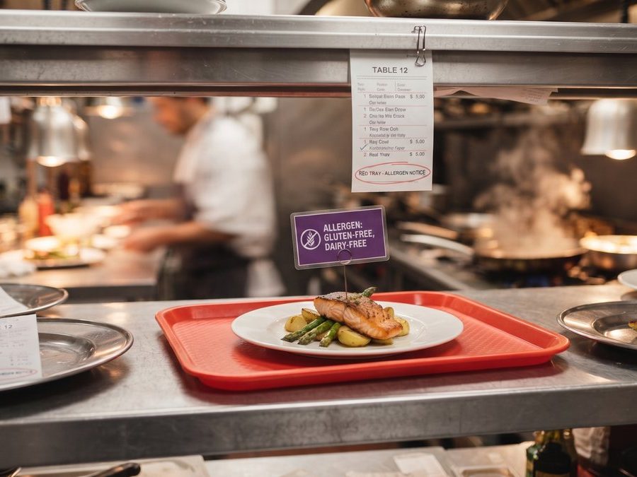 Allergen meal flagged on a red tray at the kitchen pass with the order ticket above it Allergen meal flagged on a red tray at the kitchen pass with the order ticket above it