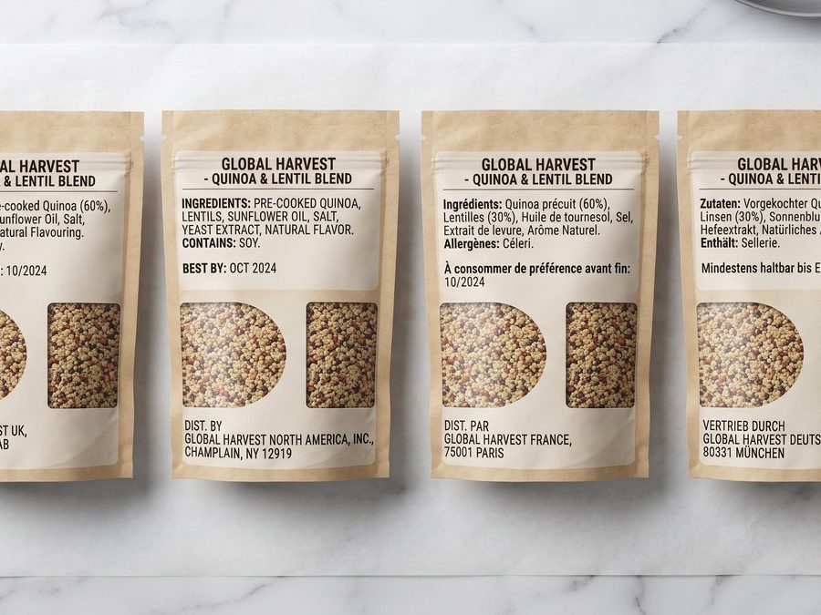 The same product in four market packs, each carrying a different allergen declaration The same product in four market packs, each carrying a different allergen declaration