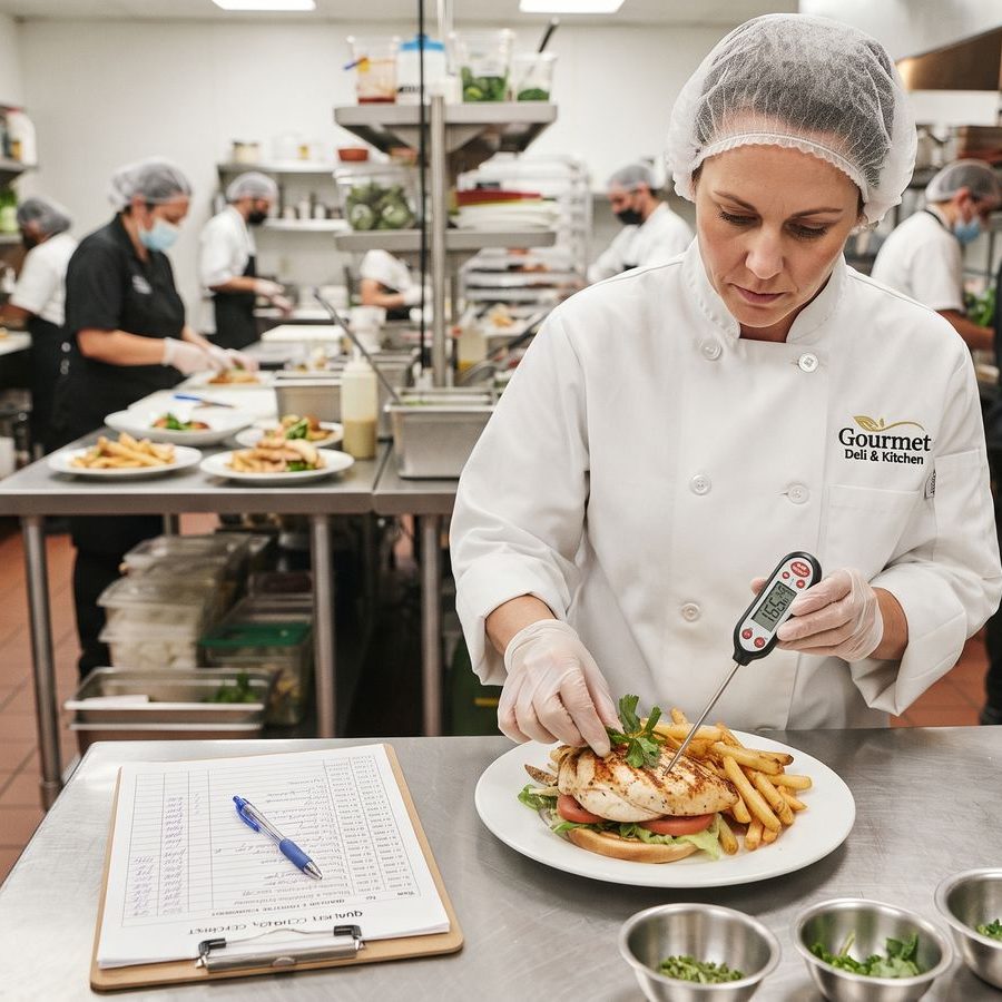 Food quality controller probing a grilled chicken plate with a digital thermometer in a deli kitchen Food quality controller probing a grilled chicken plate with a digital thermometer in a deli kitchen