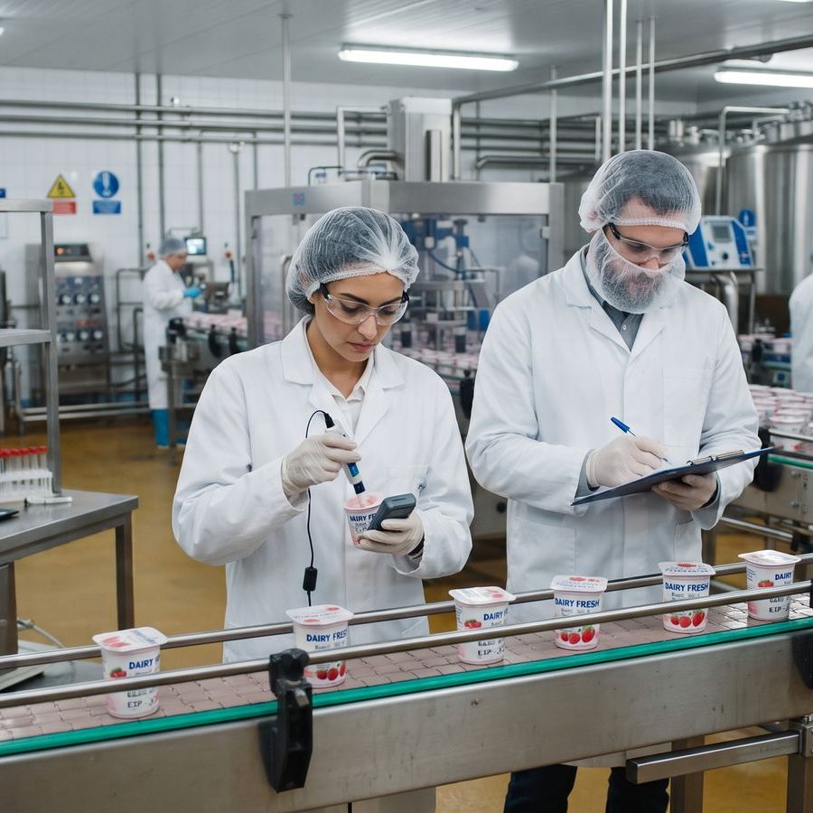 QC inspectors checking yoghurt cups and recording results on a dairy production line