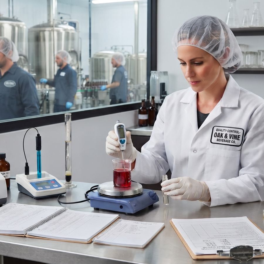 QC supervisor testing a beverage sample in a quality control laboratory beside the bottling hall