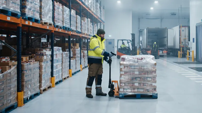Warehouse worker scanning a pallet of chilled food in a cold store with refrigerated trucks at the loading bays