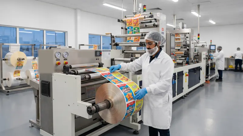 Operator in hygiene PPE checking printed flexible packaging film on a converting line
