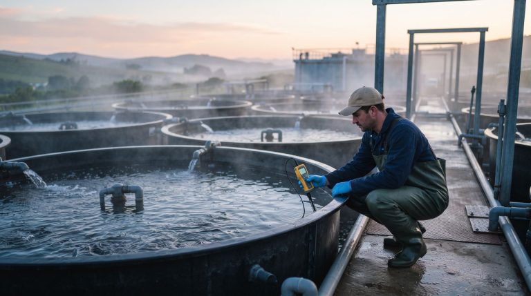 Aquaculture technician checking water quality at a fish farm