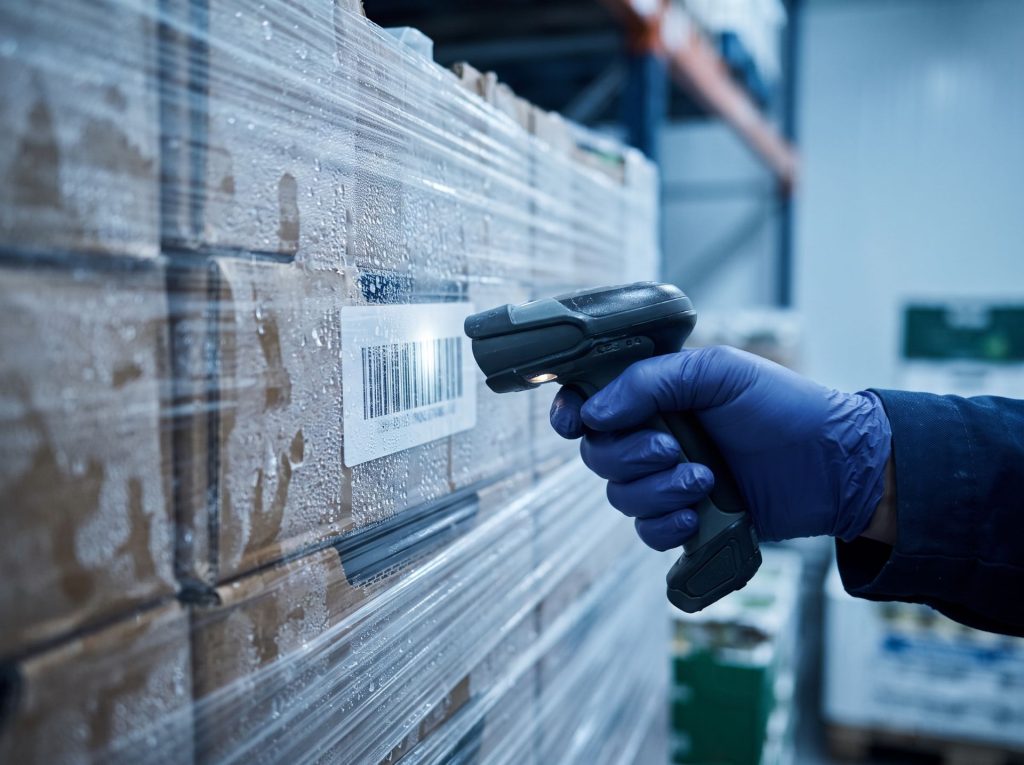 Cold-store worker scanning a pallet barcode to keep GLOBALG.A.P. chain of custody records
