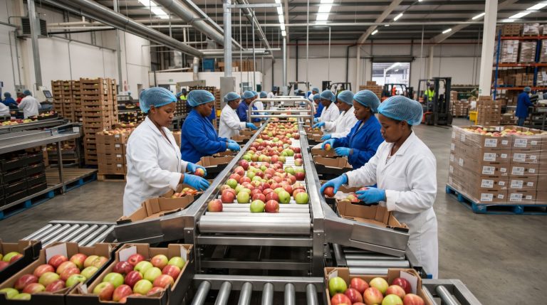 Fruit moving along a packhouse sorting line where certified lots are kept separate