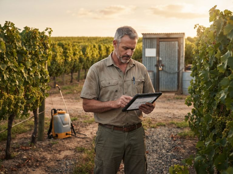 Vineyard worker recording a spray application on a tablet for GLOBALG.A.P. IFA records
