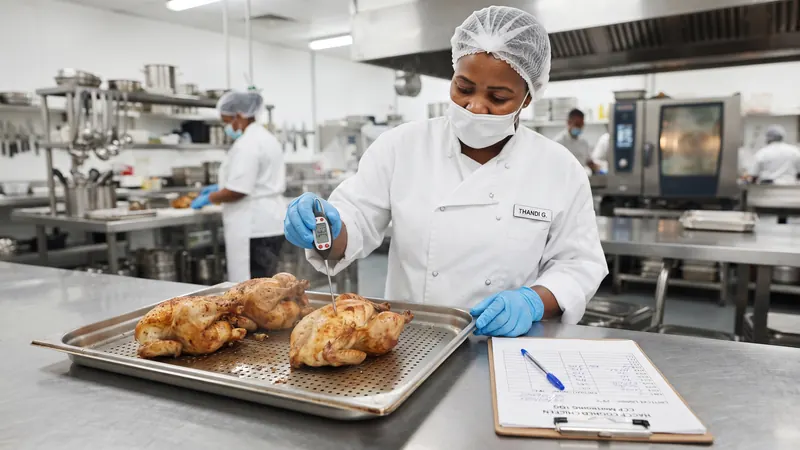 Food handler checking the core temperature of cooked chicken with a probe thermometer and recording it on a CCP monitoring log