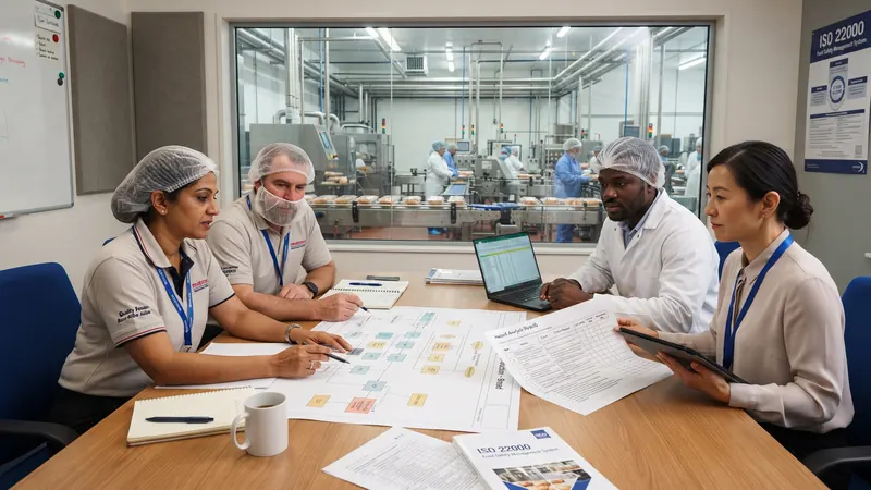 Food safety team reviewing a process flow diagram and hazard analysis beside the production floor