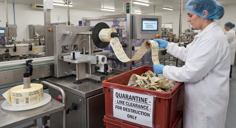 Obsolete labels removed at changeover into a quarantine bin marked for destruction
