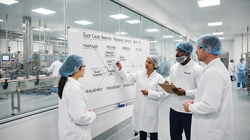 Quality team working through a fishbone root cause analysis on a whiteboard beside a packing line
