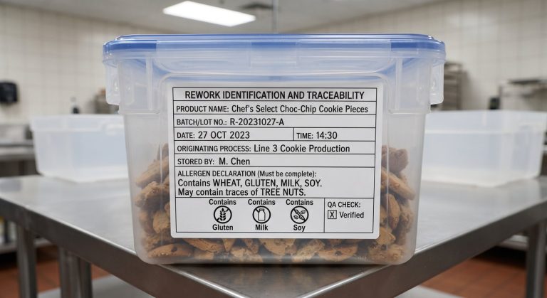 Covered rework container carrying a completed rework identification and traceability label