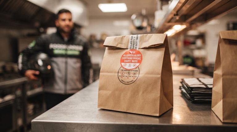 Sealed delivery bag carrying an allergen alert sticker, ready for collection by the driver