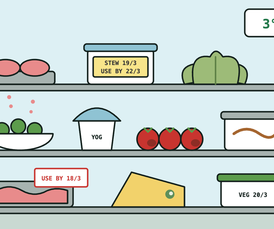 Walk-in fridge with shelves of food to inspect Walk-in fridge with shelves of food to inspect