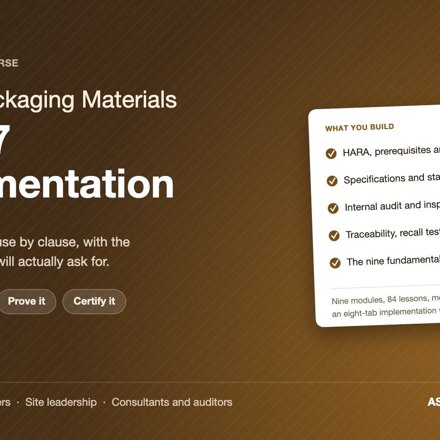 BRCGS Packaging Materials Issue 7 Implementation Course cover, ASC Food Safety Training BRCGS Packaging Materials Issue 7 Implementation Course cover, ASC Food Safety Training