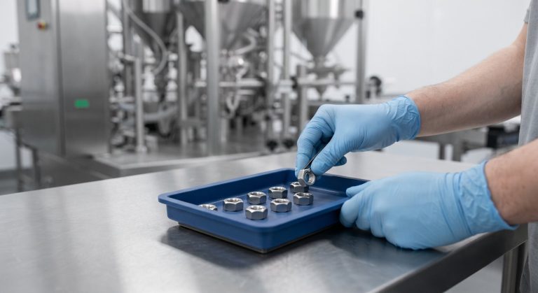 Gloved hands counting parts into a blue tray on a stainless steel table