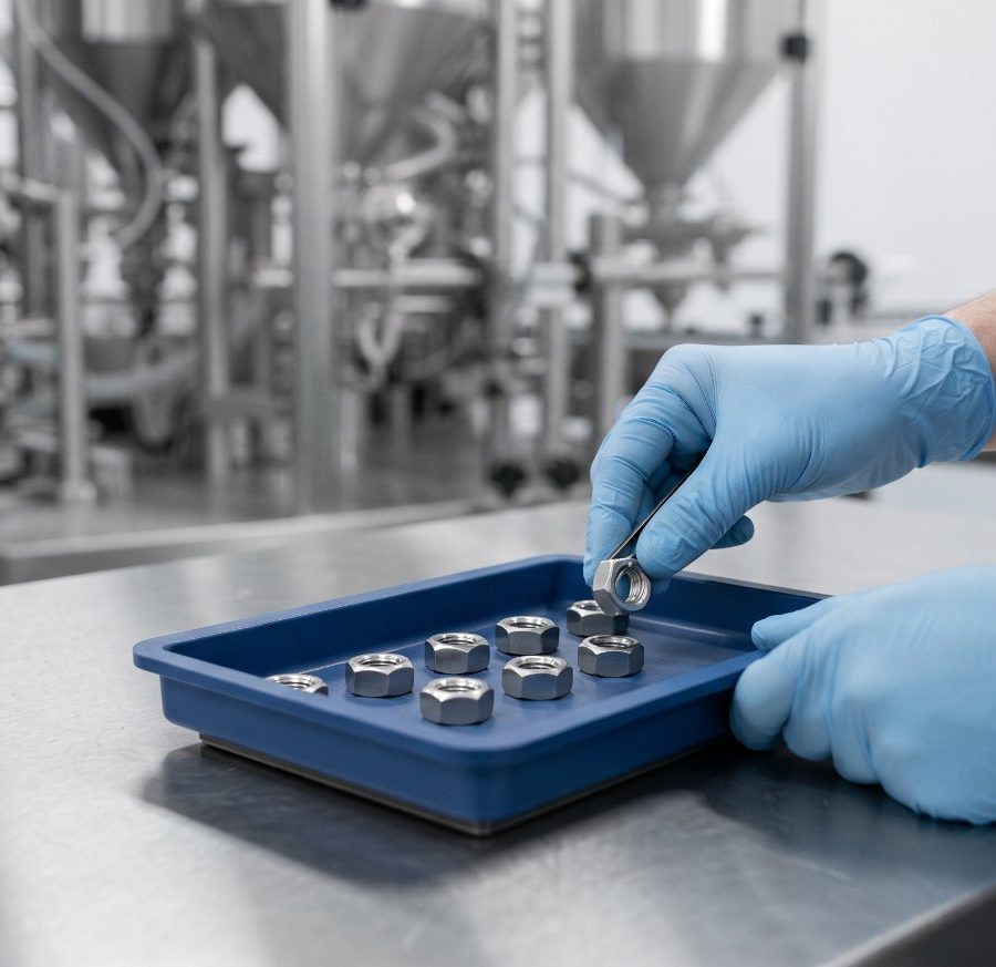 Gloved hands counting stainless nuts into a blue parts tray beside a filling machine Gloved hands counting stainless nuts into a blue parts tray beside a filling machine