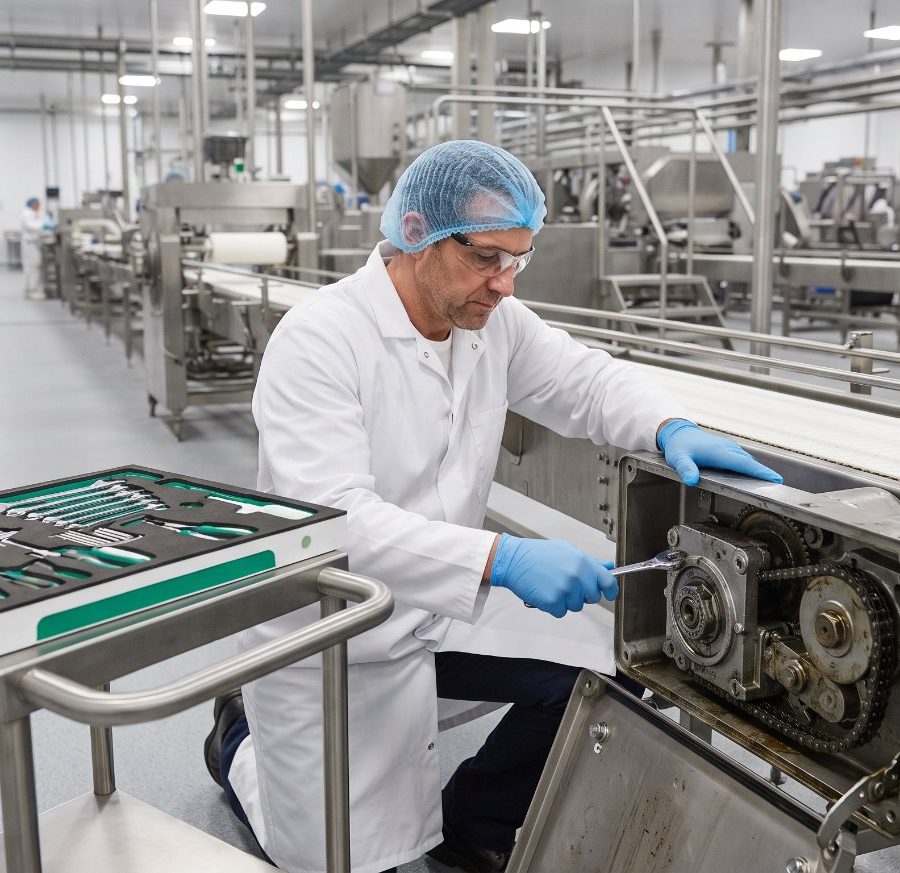 Maintenance fitter working on an open conveyor drive beside a shadow board tool trolley in a food factory Maintenance fitter working on an open conveyor drive beside a shadow board tool trolley in a food factory