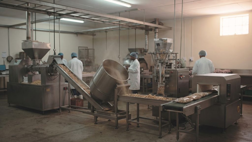 Snack factory production line with operators in white coats and hairnets