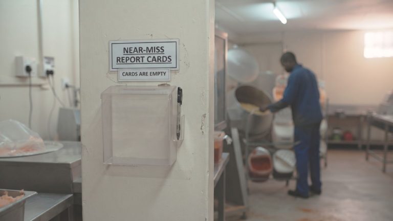 An empty near-miss report card box on a factory wall