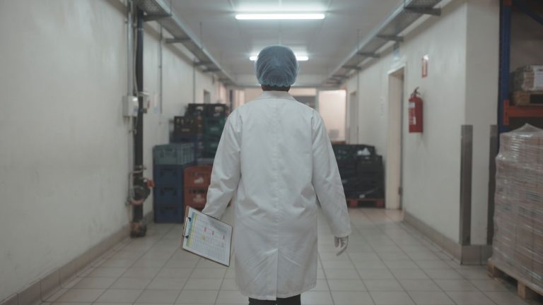 Quality controller in a white coat and hairnet walking a factory corridor with a clipboard