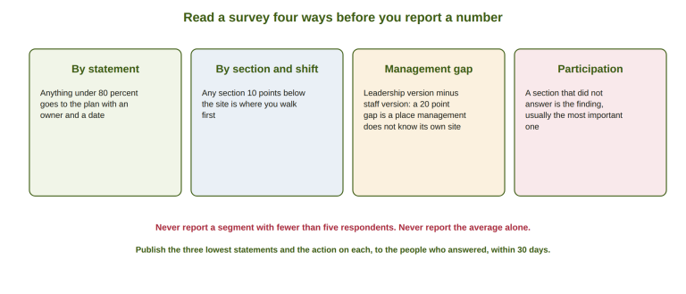 Four ways to read a culture survey: by statement, by section and shift, management gap and participation