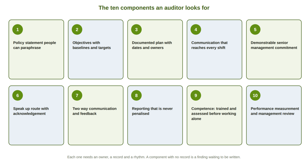 The ten components of a culture programme an auditor looks for, from policy statement to performance measurement and management review