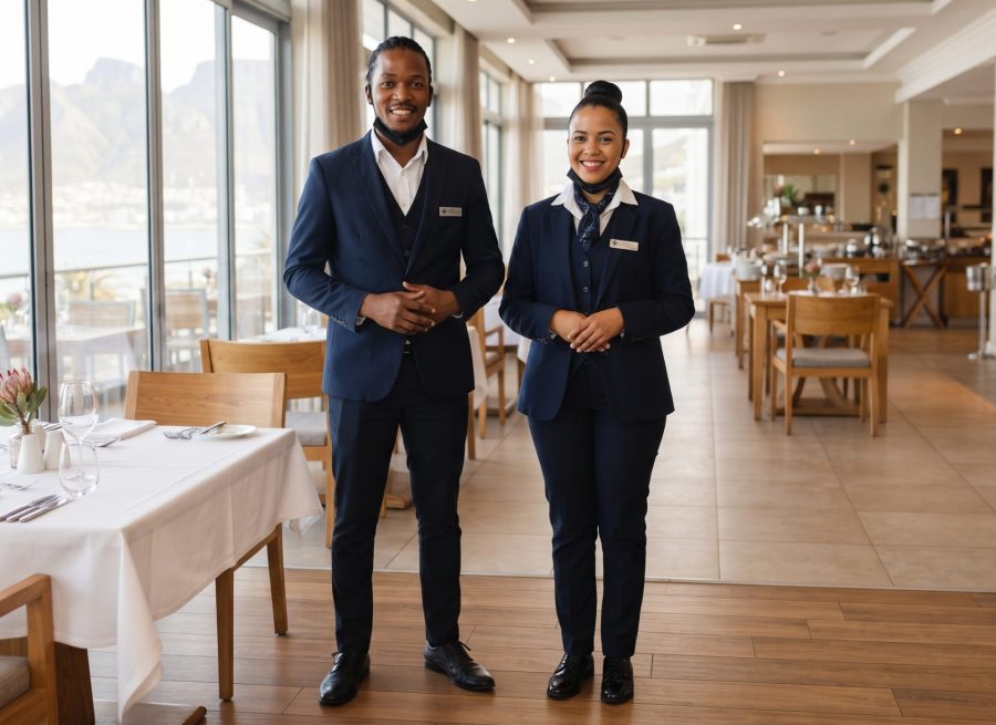 Hotel restaurant host and hostess in formal uniform ready to welcome guests in a South African hotel dining room Hotel restaurant host and hostess in formal uniform ready to welcome guests in a South African hotel dining room