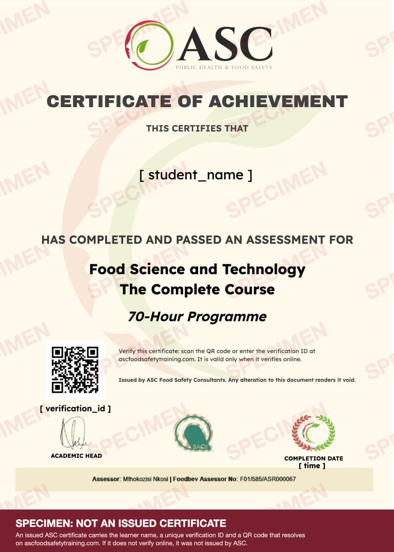 Specimen ASC certificate of achievement for Food Science and Technology: The Complete Course, watermarked