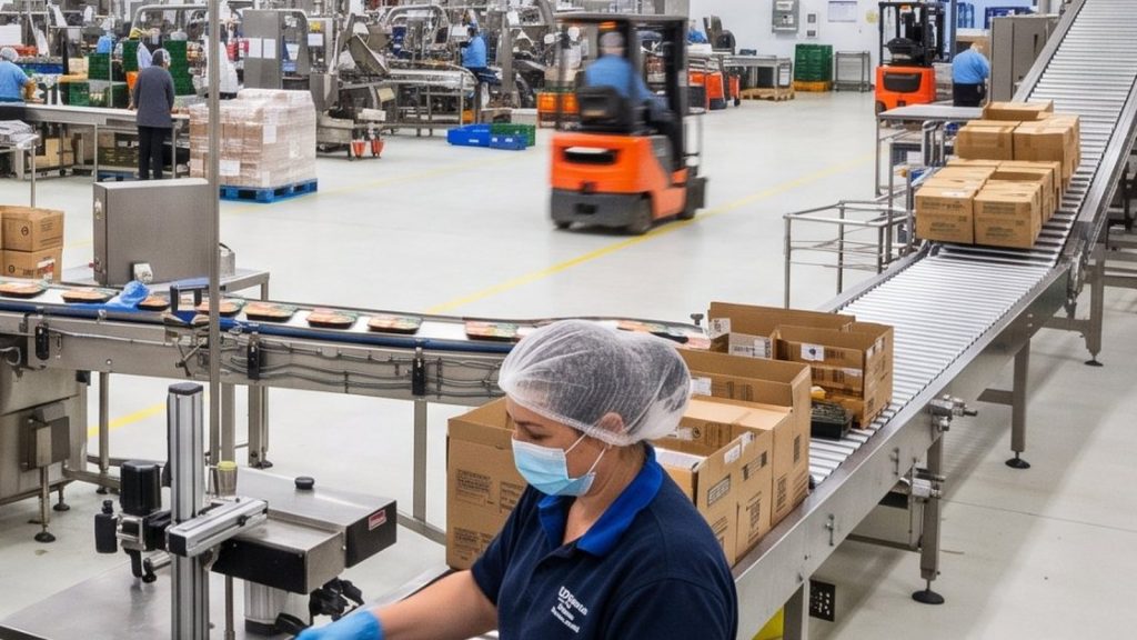 Cartons of packed product rising on an incline conveyor past a masked operator in a food packing hall