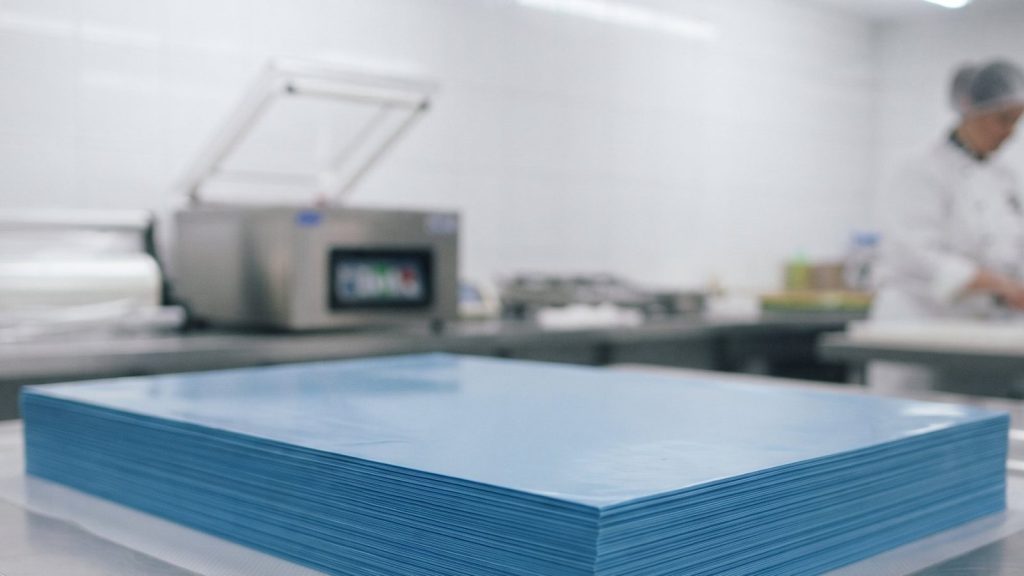 Stack of blue food contact plastic sheets on a stainless steel table beside a chamber vacuum sealer