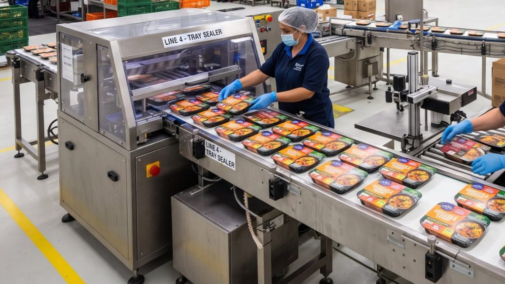 Operator placing ready meal trays into a tray sealer on a food packing line