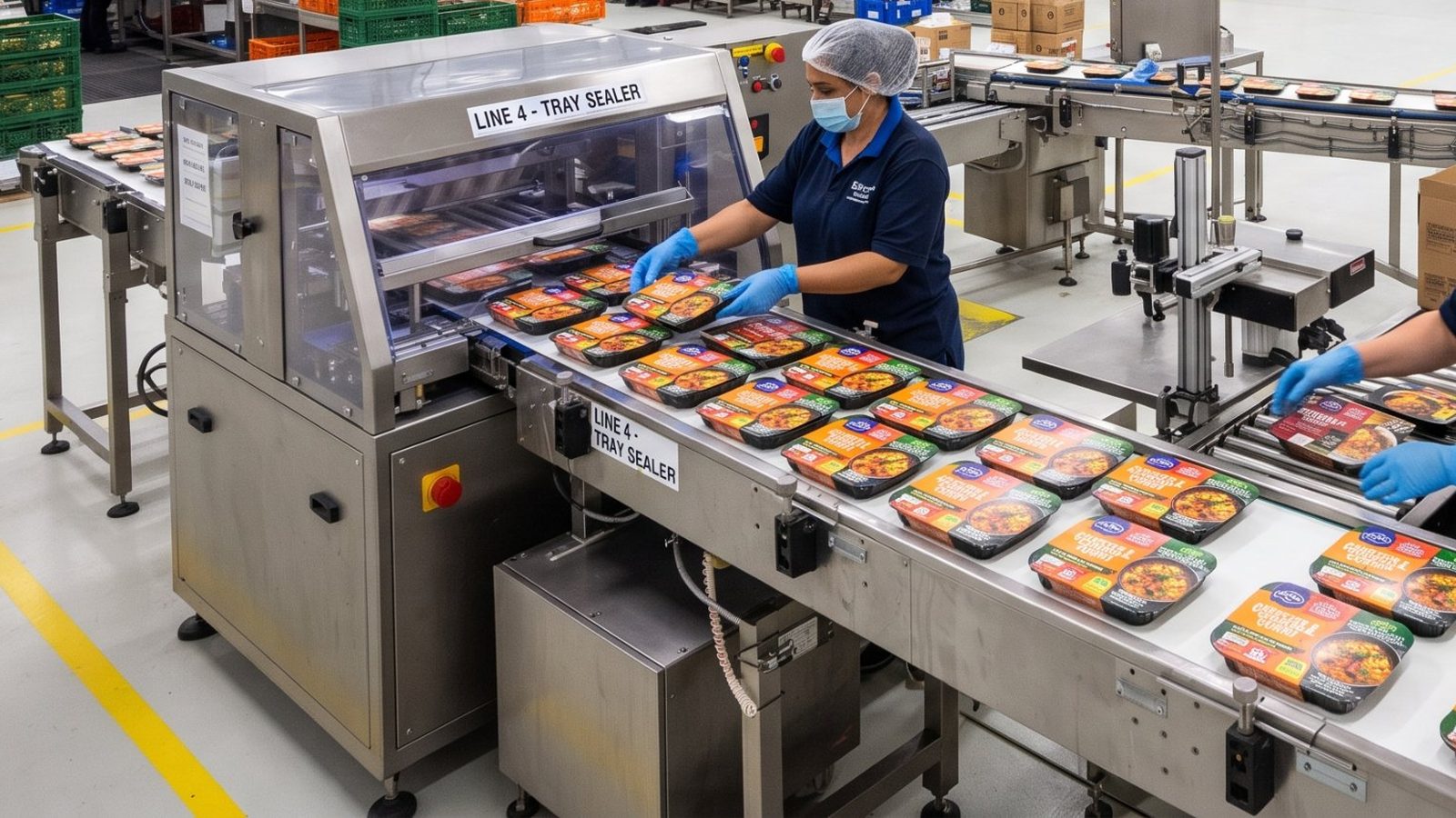 Operator placing ready meal trays into a tray sealer on a food packing line Operator placing ready meal trays into a tray sealer on a food packing line