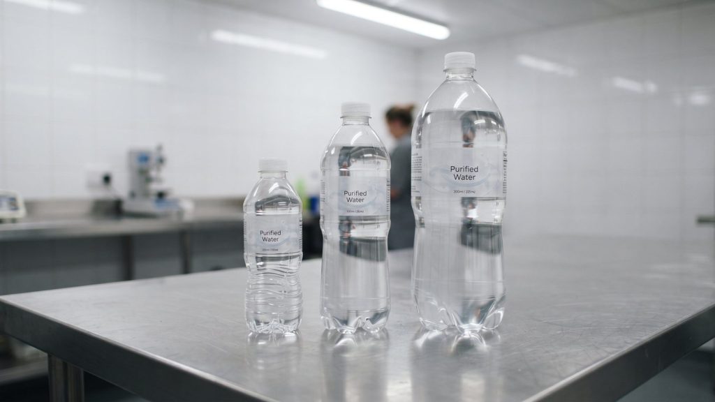 Three sizes of filled PET water bottles on a stainless steel bench in a clean production room