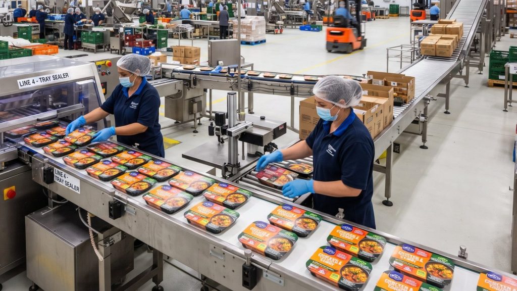 Operators in hairnets, masks and gloves loading sealed ready meal trays on a tray sealing line in a food packing hall