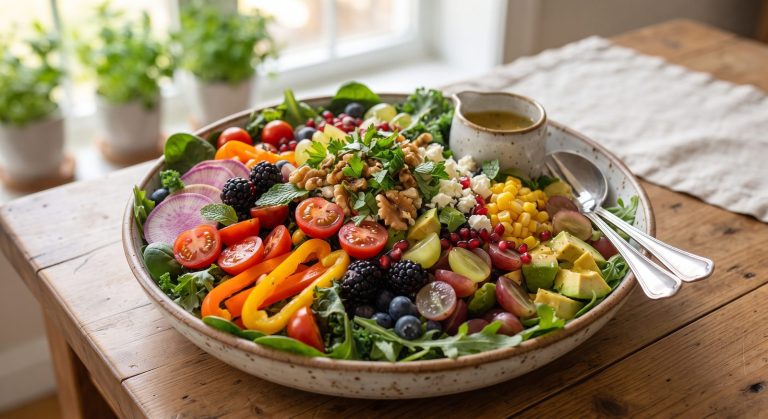 Large bowl of mixed salad with tomatoes, peppers, berries, avocado, walnuts and feta, with a jug of dressing