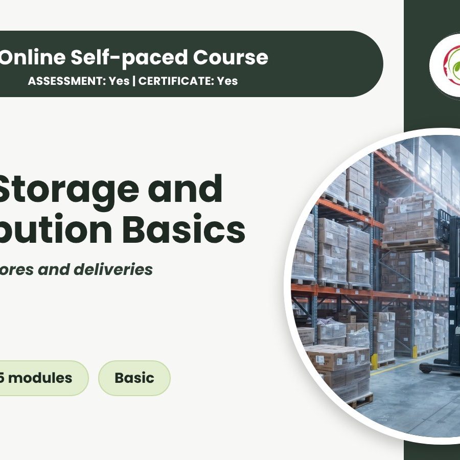 Food Storage and Distribution Basics course cover: a reach truck operator in a frozen store Food Storage and Distribution Basics course cover: a reach truck operator in a frozen store