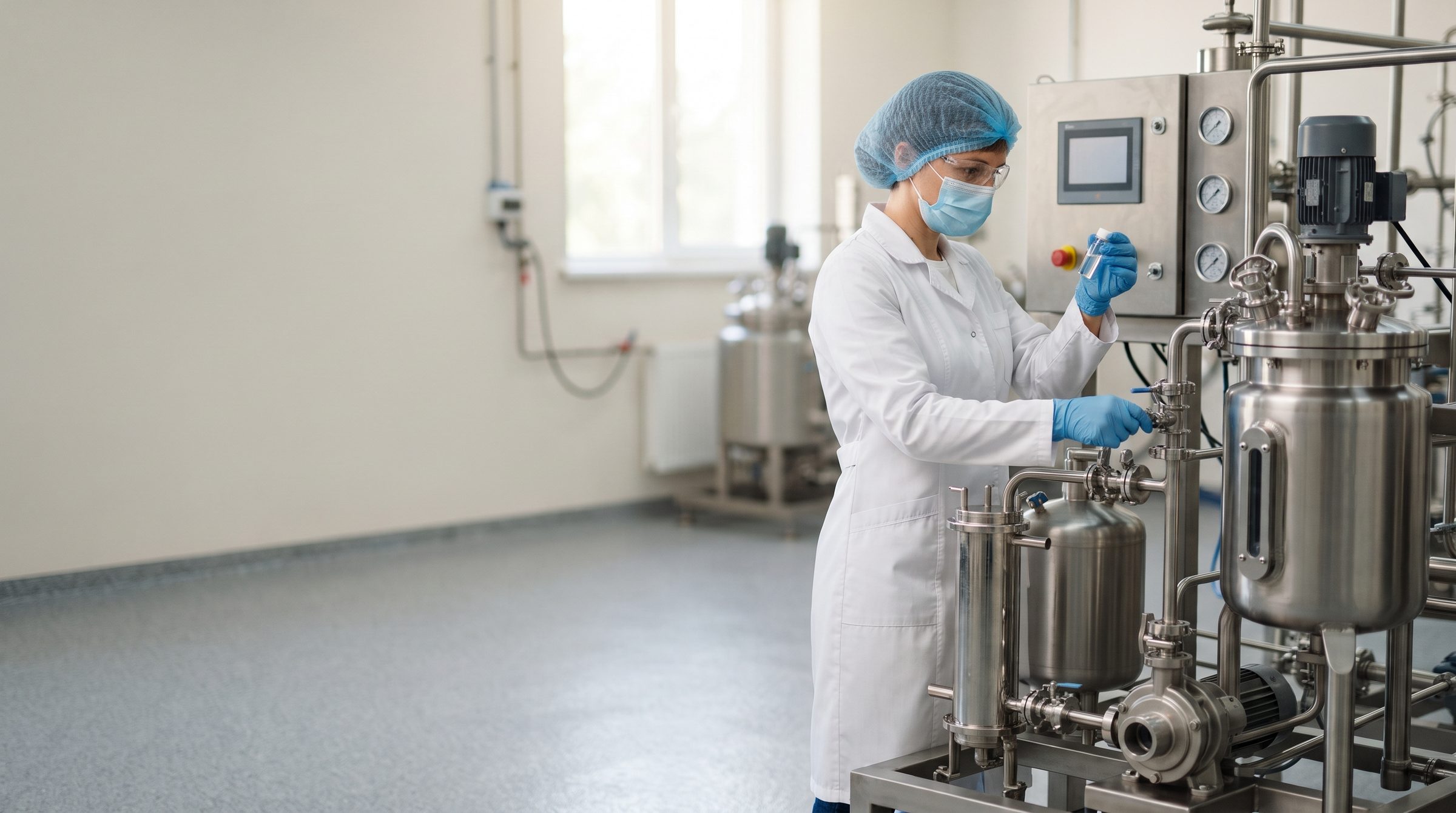 Food technologist in a white coat and hairnet checking a sample beside a stainless steel pilot processing line