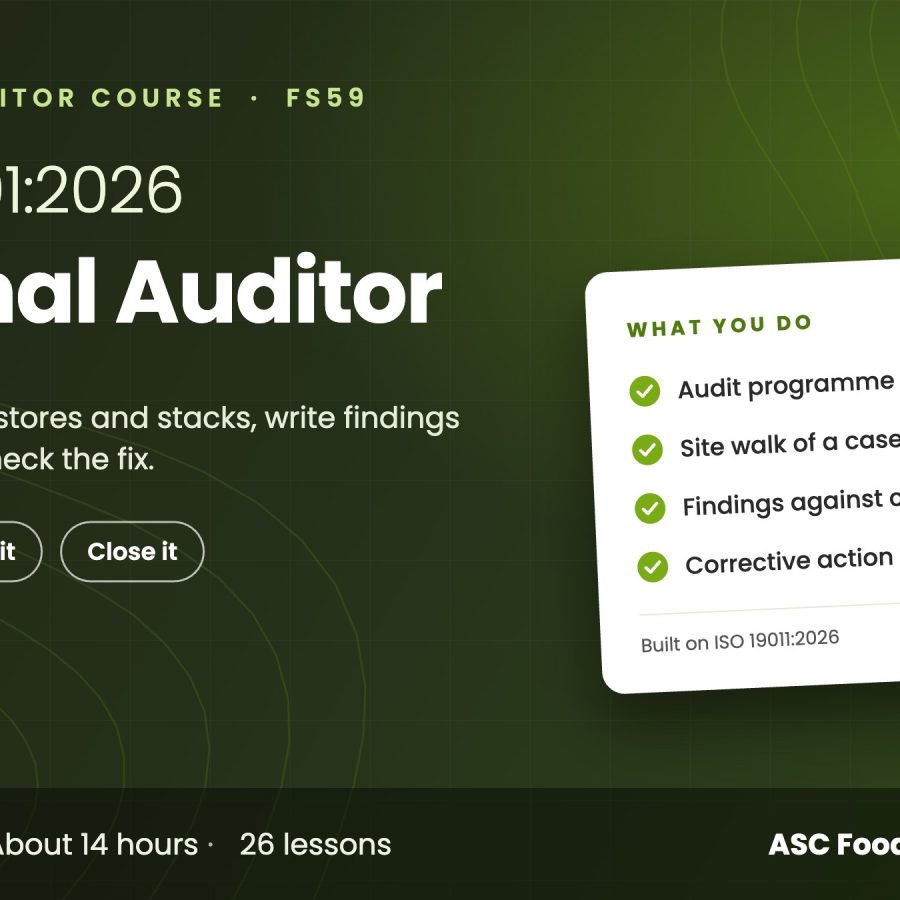 ISO 14001:2026 Internal Auditor online course cover, ASC Food Safety Training ISO 14001:2026 Internal Auditor online course cover, ASC Food Safety Training