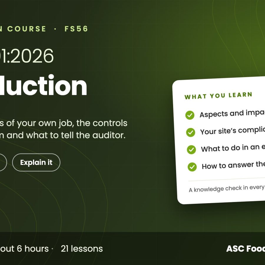 Introduction to ISO 14001:2026 online course cover, ASC Food Safety Training Introduction to ISO 14001:2026 online course cover, ASC Food Safety Training