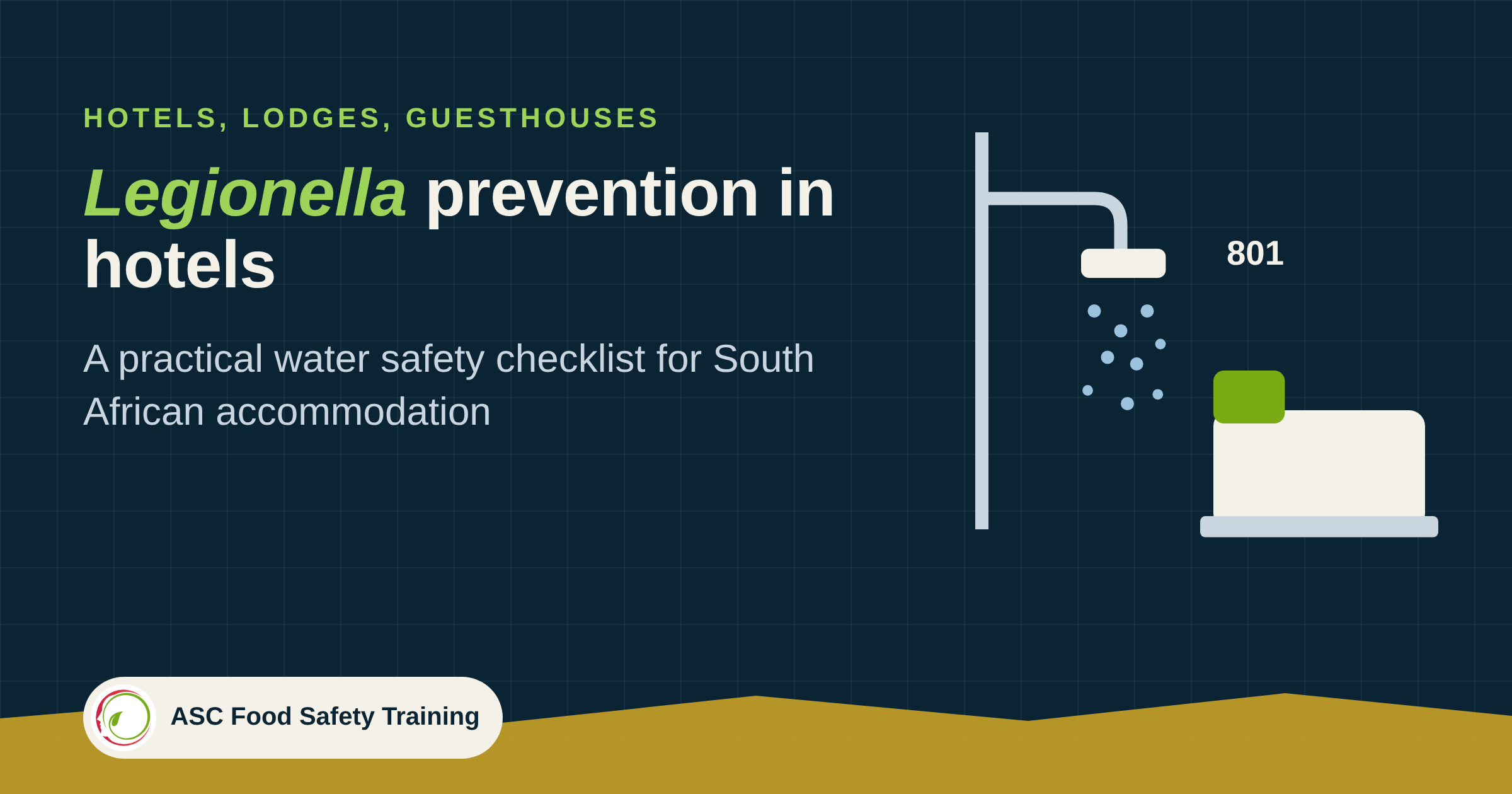 Legionella prevention in hotels: a shower spraying beside a made hotel bed in room 801